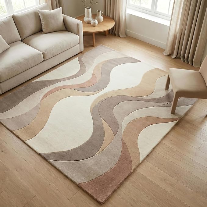 Geometric Multicolor Hand Tufted Wool Area Rug Modern Style Curve Pattern Warm Backing Floor Rug for Bedrooms Lounge Entryways & Gallary 5x7 Feet