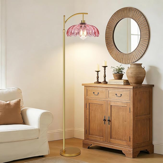 QIYIZM Pink Floor Lamp for Living Room,Bedroom,Gold Dimmable Standing Lamp with Remote,Mid Century Modern Brass Tall Lamp Boho Floor Lamps Arc Stained Glass Flower Floor Light Lamp Girls kids Bohemian