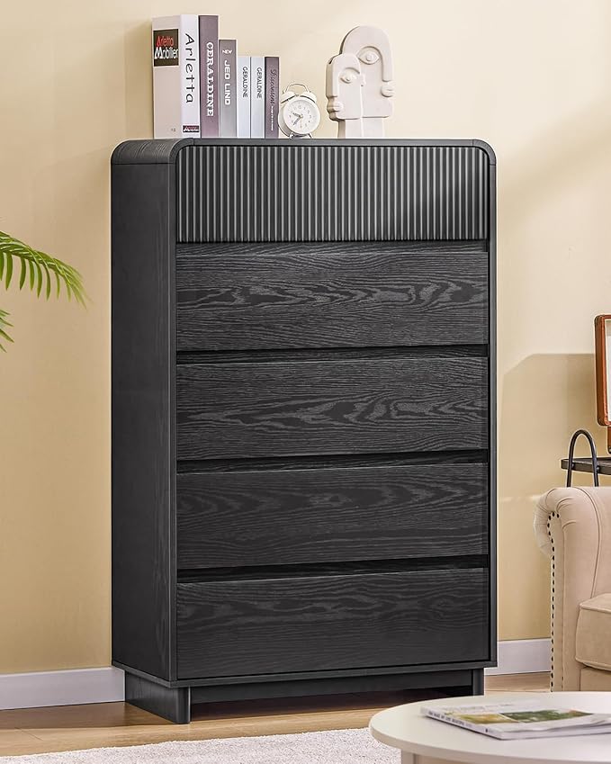 AOGLLATI Mid Century Modern 5 Drawer Dresser for Bedroom, 45" Tall Wood Fluted Dressers & Chests of Drawers with Curved Profile Design for Bedroom,Black