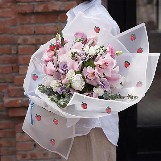 20 Sheets Flower Wrapping Paper, Translucent Strawberry Flower Bouquet Wrapping Paper with Ribbon White Floral Papers White Gifts Wrapping Papers for Bouquets Birthday Girl Wedding Christmas Valentine