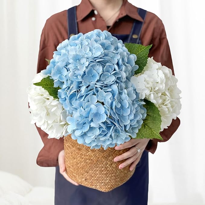 4Pcs Real Touch Large Silk Fake Hydrangeas Artificial Flowers,Light Blue/White Fall Lifelike Faux Hydrangea Flowers, Flower for Halloween Christmas Centerpieces Table Kitchen Home