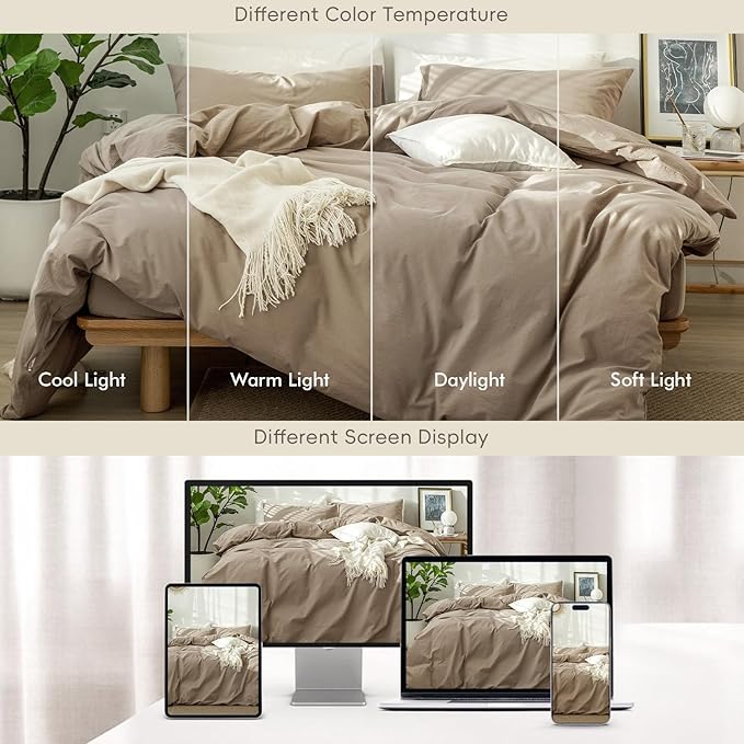 MooMee Bedding Duvet Cover Set 100% Washed Cotton Linen Like Textured Breathable Durable Soft Comfy (Solid Mocha Brown, Full 80"x90")