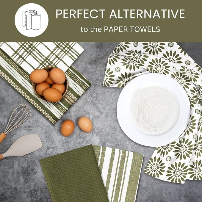 Assorted Kitchen Towels Large 16x26 inches 100% Cotton Set of 5 - Soft Absorbent Washable Tea Towel for Kitchen - Dish Cloths with Hanging Loop - Quick Drying Dish Towels Green