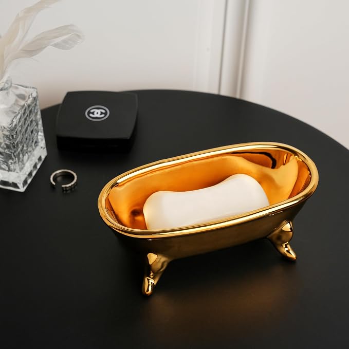 6.7" Ceramic Mini Clawfoot Bathtub Bar Soap Dish, Decorative Bar Soap Holder, Soap Tray Sponge Holder for Shower, Bathroom & Kitchen Sink (Gold)