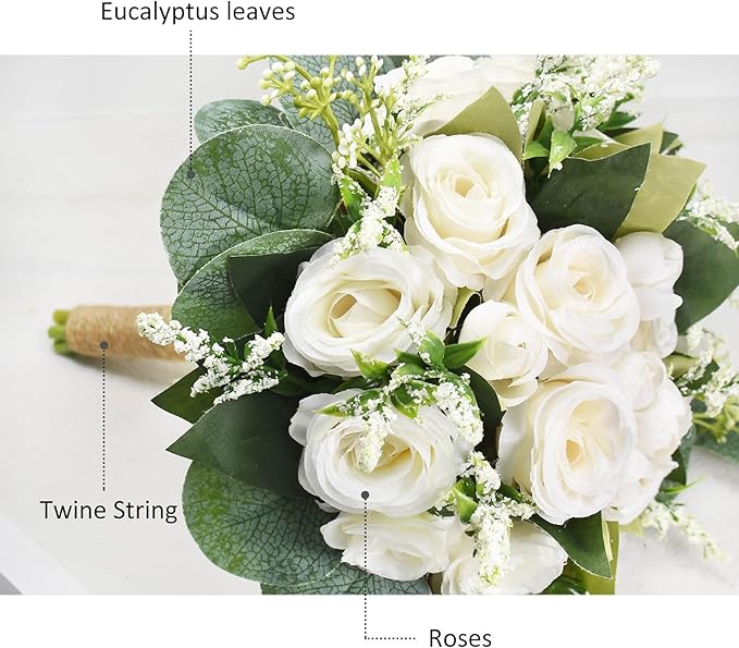 Wedding Bouquets for Bride Bridesmaid, 7.8" White Ivory Bouquet Artificial Silk Roses Flowers with Eucalyptus for Wedding Church Decoration