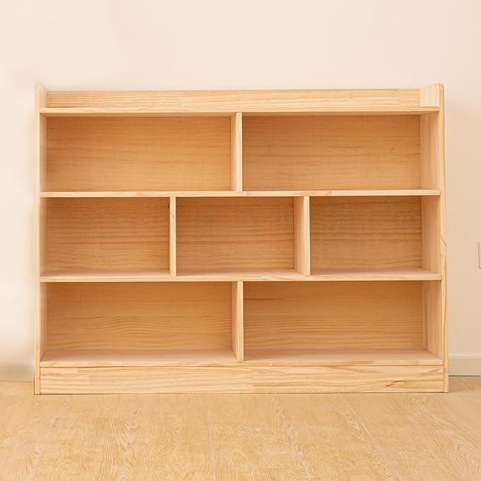 Wooden 7 Compartment Storage Cabinet Organizer Kids 3 Tier Wood Bookshelf School Storage Shelf Classroom Furniture for Kids Natural (47.24" L x 11.81" W x 35.43" H)