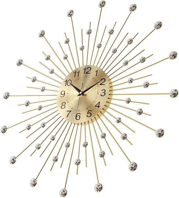 Cuspin 24 Inch Gold Wall Clock, Decorative Crystal Sunburst Mid Century Modern Clocks for Living Room Decor, Luxury Battery Operated Metal Clock Silent Non Ticking for Home Ddecor