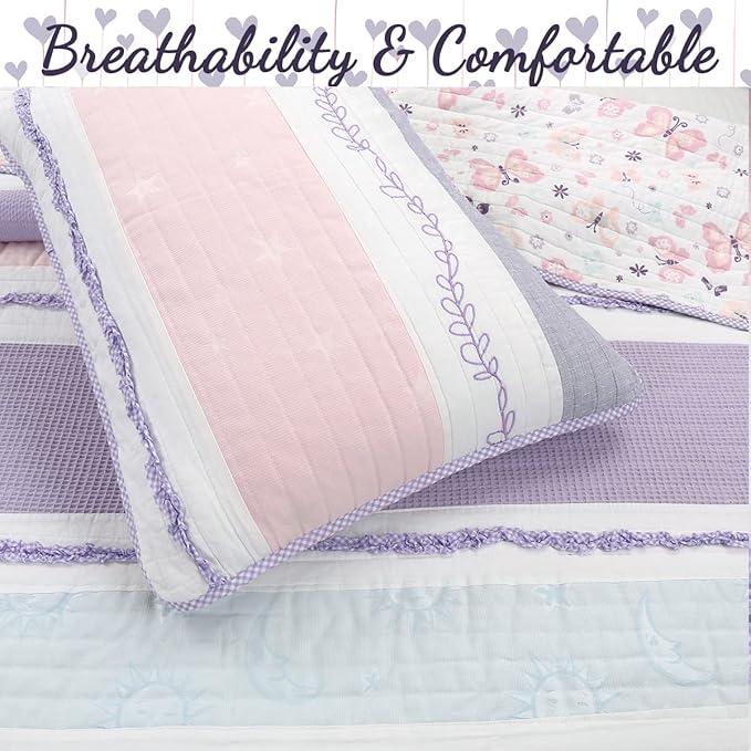 Cozy Line Home Fashions Lavender Blue Pink Ruffles Girl 100% Cotton Reversible Quilt Bedding Set, Coverlet, Bedspread (Lavender Dream, Queen - 3 Piece: 1 Quilt + 2 Shams)
