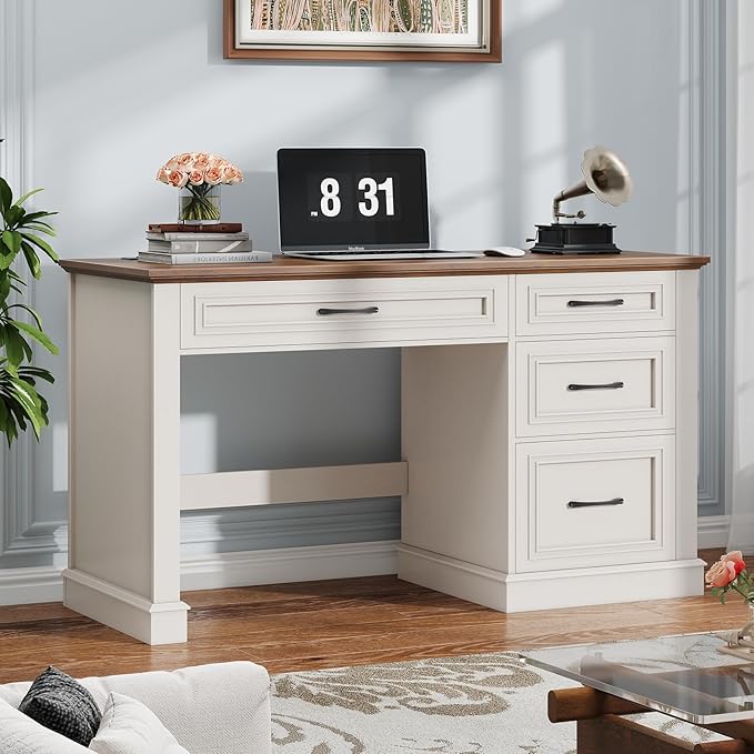 Farmhouse 47" Executive Desk, Computer Desk with Drawers and File Drawer, Workstation Computer Desk with Charging Station for Home Office,Study (Unique White)