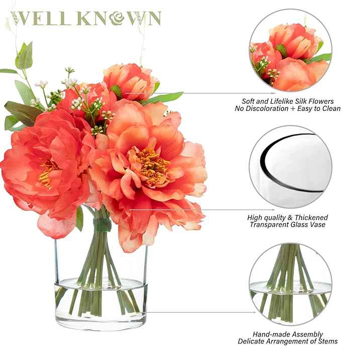 WELL KNOWN Artificial Flowers in Glass Vase with Fake Water, Silk Peony Flower Bouquet for Home Dinning Tea Table, Office Desktop, Hotel, Wedding, Party, Lavatory Decor & Gift (Coral and Orange)
