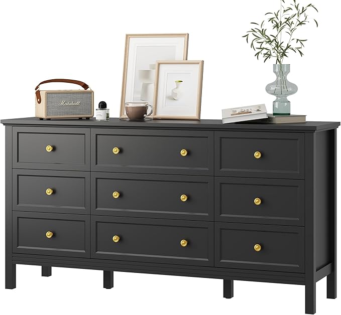 Black 9 Drawers Dresser for Bedroom, 59'' Large Wood Dresser with Gold Handles, Modern Wide Chest of Storage Drawers for Hallway, Living Room