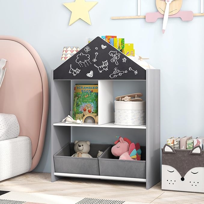 HONEY JOY Toy Storage Organizer, Wooden Dollhouse Bookcase w/Blackboard, Whiteboard, Storage Bins, Toddler Book Shelf, Children Toy Display Chest Cubby, Kids Bookshelf for Playroom Nursery (Gray)