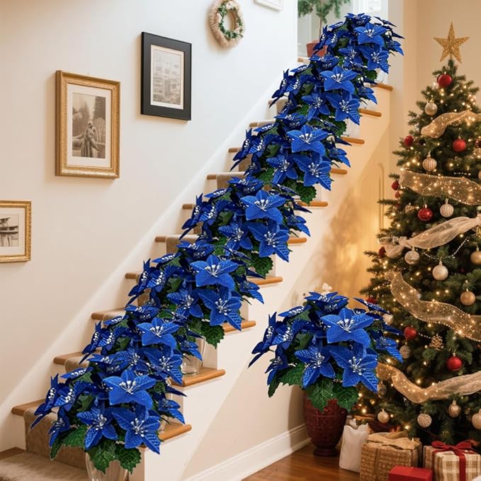 8 Pack 5 Heads Christmas Artificial Poinsettia Flowers Faux Poinsettia Bush Bouquets Silk Poinsettia Christmas Tree Ornaments Poinsettia Flower Arrangement for Home Decor