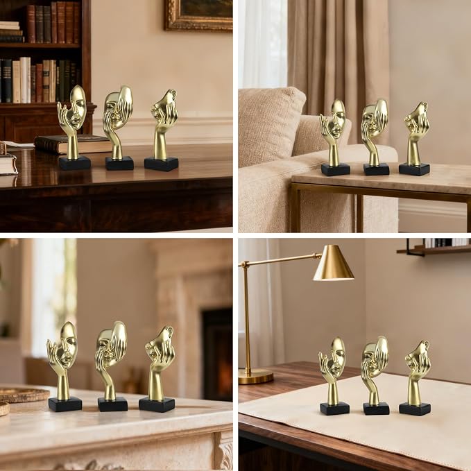 Modern Living Room Decoration - Gold Abstract Sculpture Decor For Shelves, Thinker Statues Set Of 3, Resin Face Knick Knacks Home Decor For Office Bookshelf, Shelf Side, Table, Gift For Friends