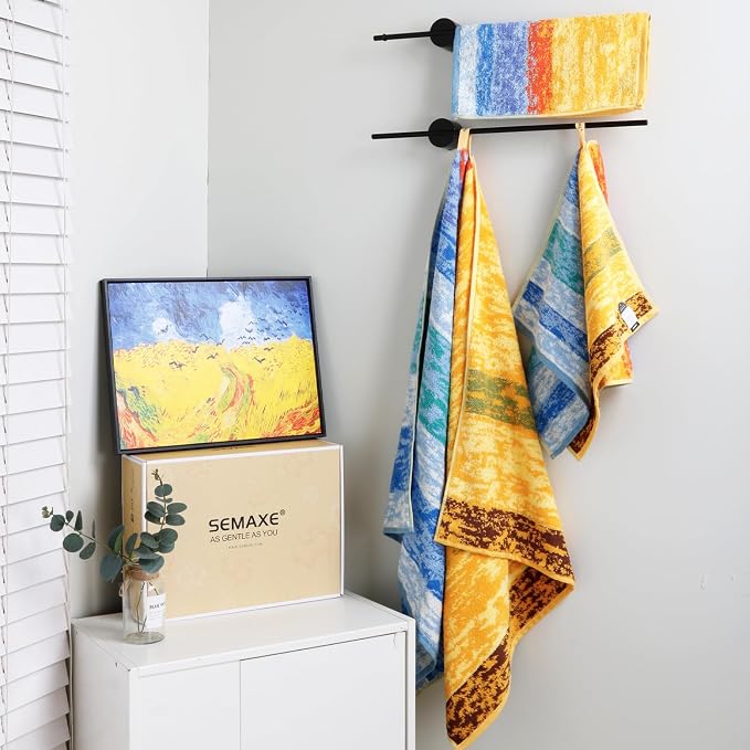 SEMAXE Bath Towel Set, 12 Piece Cotton Towel Set for Bathroom, More Towels for Family Use, Quick Dry with Hanging Loops, Easy Care, Colorful Striped