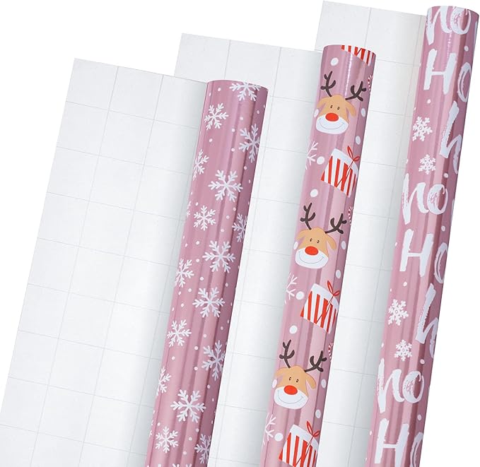 LeZakaa Christmas Wrapping Paper Mini Roll, Pink Metallic Foil Shine Paper - Snowflakes/Santa Claus/HO Print for Gift Wrap, Arts Crafts - 17 x 120 inches - 3 Rolls (42.5 sq.ft.ttl.)