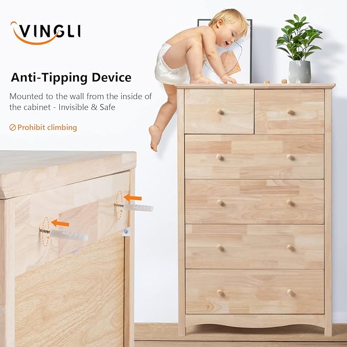 VINGLI Unfinished 6 Drawer Dresser, Natural Solid Wood Dresser Color DIY, Upgraged Rustic Farmhouse Tall Dresser with Spacious Storage Chests of Drawers with Full Extension Drawer Slides