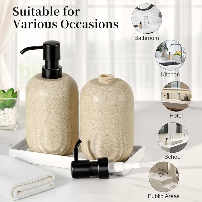 Luxspire 2 Set Soap Dispenser Cylinder-Shaped Resin and Gravel Liquid Soap Dispenser with Pump, 450ml Shampoo Container, Decorative Hand Soap Bottle for Bathroom, Kitchen and Hotel, Beige