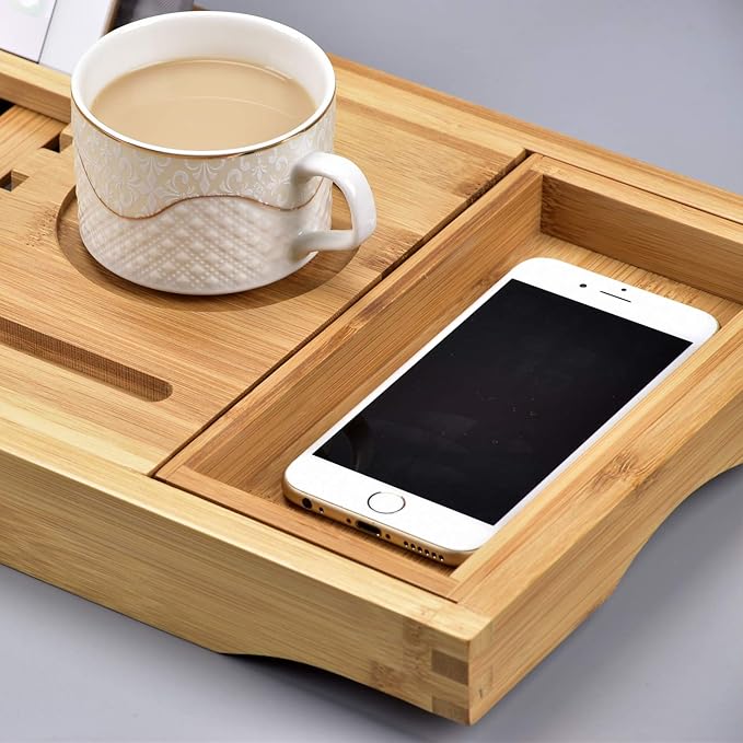 Sen Yi Bao Luxury Bamboo Bathtub Tray - Wooden Expandable Caddy with Book, Tablet, Wine Holder - Gift Idea