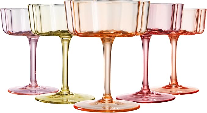 Summer Flower Scalloped Vintage Wavy Petals Wave Glass Coupes 7oz Colorful Martini, Champagne & Cocktails, 5 Set Colored Rippled Champagne Glasses, Elegant Bar Glassware, Aesthetic Coupe Glassware