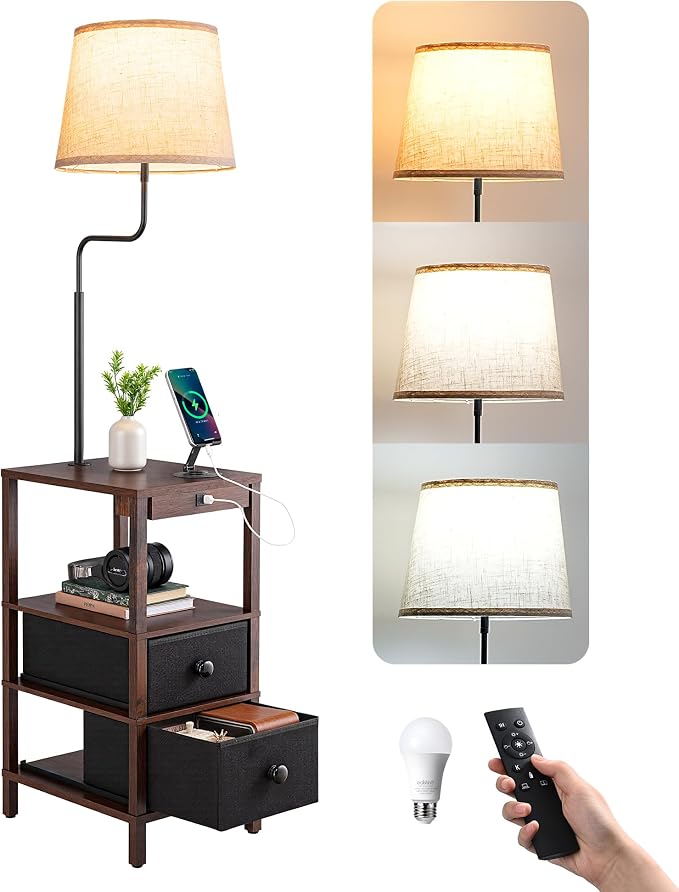 EDISHINE Floor Lamps for Living Room, 3000K-6500K Dimmable Floor Lamp with Table, USB-A+Type-C Charging Port, Table with Lamp Attached for Bedroom, Den, Office, Fire-Burned Wood Color