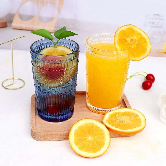 Loivttvv 6pcs Vintage Drinking Glasses Set, 12 oz Blue Highball Glasses, Embossed Ribbed Glassware Cups for Cocktail, Water, Juice, Coffee, Whiskey