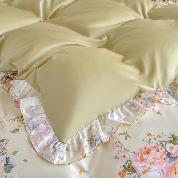 Ruffle Floral Duvet Cover Set 100% Cotton Queen Size, Shabby Blush Pink Cream Rose Comforter Cover, Satin Weave, Soft & Breathable, French Country Cottagecore Bedding 3Pcs-Not Comforter
