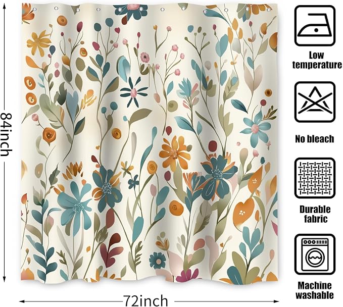 Colorful Floral Extra Long Shower Curtain, Wildflower Plant Leaves Cute Flower Spring Herbs Waterproof Fabric Machine Washable for Bathroom Bathtub Decor with Hooks 72Wx84H