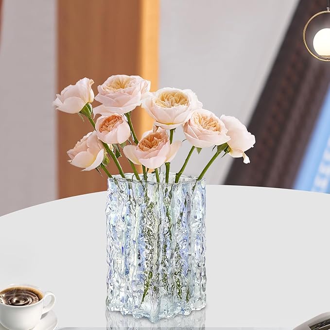 Aoderun Glass Vase Crystal Vase Heavy Duty Large Flower Vase for Dining Table Kitchen Office Home Shelf Wedding Living Room Centerpieces(Iridescent Clear)