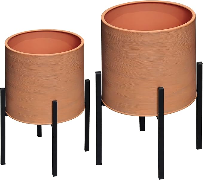 ARNIS Modern Plant Pots, Large Planters with Stand, Set of 2 Decorative Planters, Metal Pots with Drainage Holes for Living Room, Office, Garden or Balcony, 10.5 &12.25 Inch, Terracotta