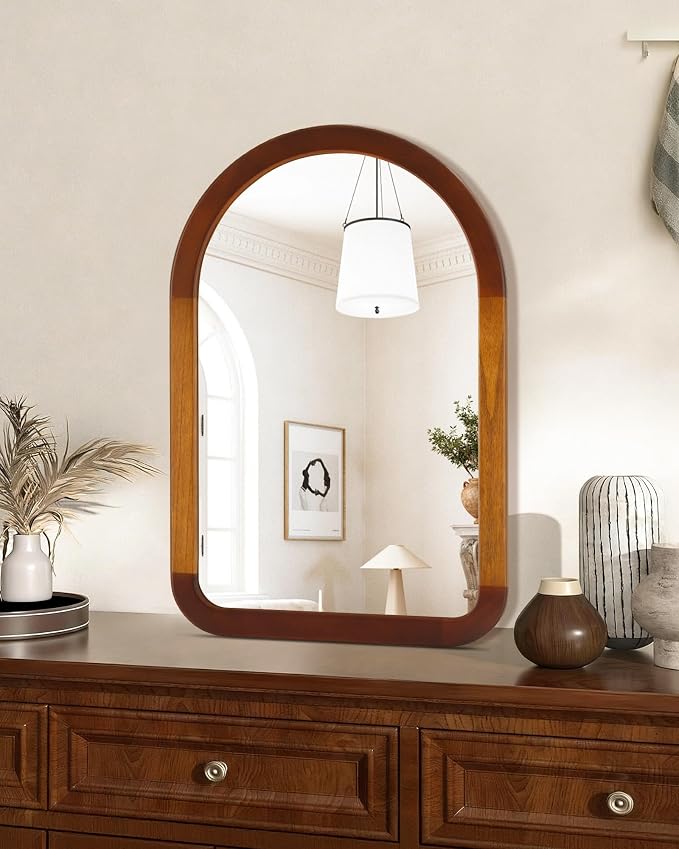 Arched Bathroom Mirror,Wood 22 x 30 Inch Arch Wall Mirror with Walnut Frame,Vanity Tempered Glass Mirror for Bedroom,Entryway,Living Room