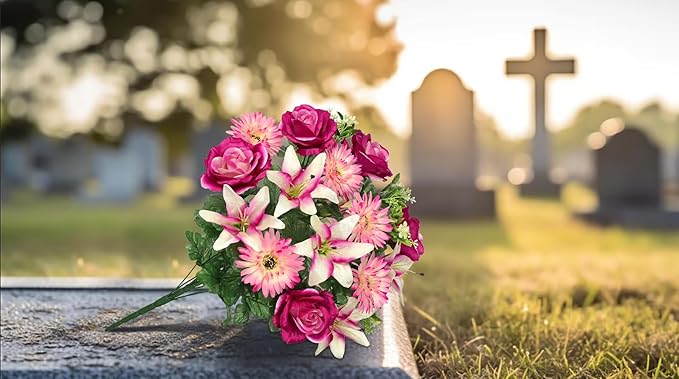 Hollyone Set of 2 Artificial Cemetery Flower for Graves Purple Pink Cemetery Memorial Flowers for Outdoor Grave Decorations Silk Flower Arrangements Rose Lily Gerbera Floral Flowers Bouquets
