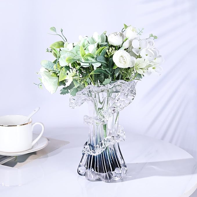 8.1" H Blue Ocean Wave Vase, Blown Glass Vase, Unique Modern Art Beautiful Hand Blown Coastal Centerpieces for Living Room, Bedroom, Office Desktop, Coffee Table, and Wedding Decorative (S)