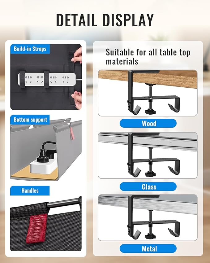 48" No Drill Under Desk Cable Management Tray - Upgraded Oxford Fabric with Cable Loop, No Damage to Table for Standing Desks and Home Office (Extra Large (48 Inch))