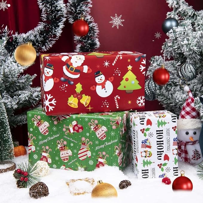 Linnoptimix Christmas Wrapping Paper Rolls -White Red Green Wrapping paper 3 LARGE ROLL-27inch*78 inch per roll Colorful (Christmas White/Red/Green(006))
