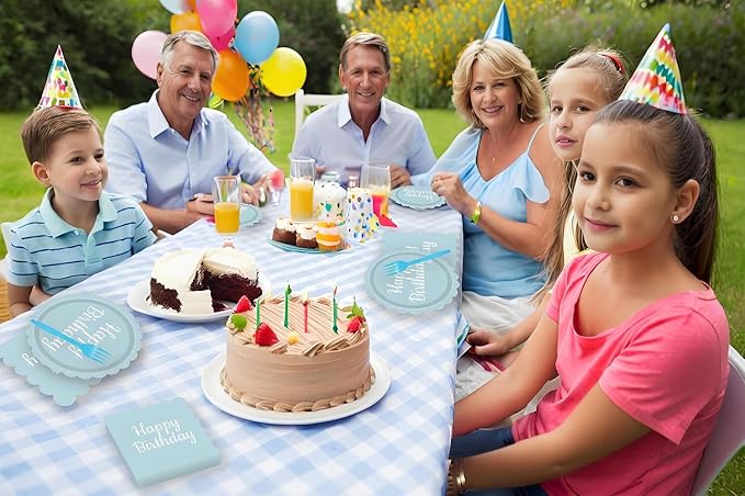 72PCS Light Blue Paper Plates Happy Birthday 7 Inch Scalloped Dessert Plate and Napkins Forks Disposable Cake Salad Fruit Decorative Party Tableware for Birthday Baby Shower Garden Party, Serve 24