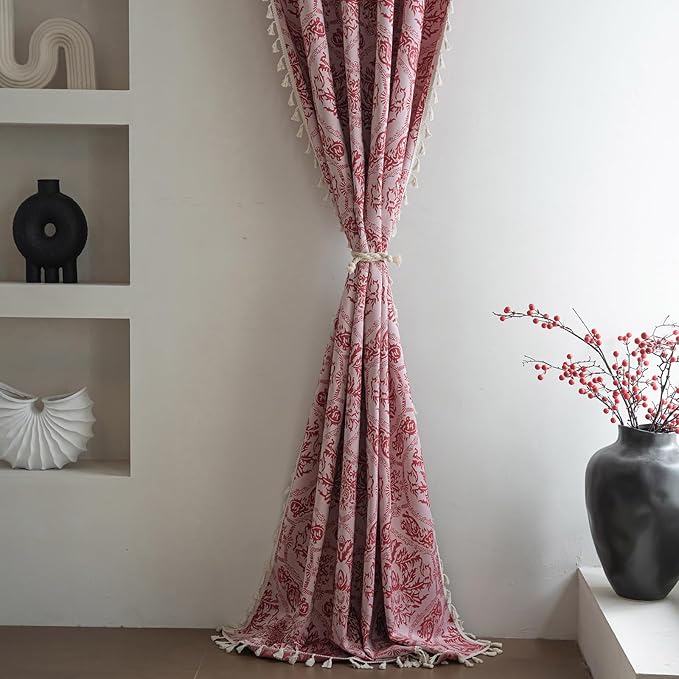 ENJOYBRIDAL Red Damask Curtains 84 Inches Living Room Bedroom Drapes 2 Panel Sets Vintage Semi Sheer Floor Length Window Curtains Dining Room Rod Pocket Jacquard Medallion Patterned Window Treatments