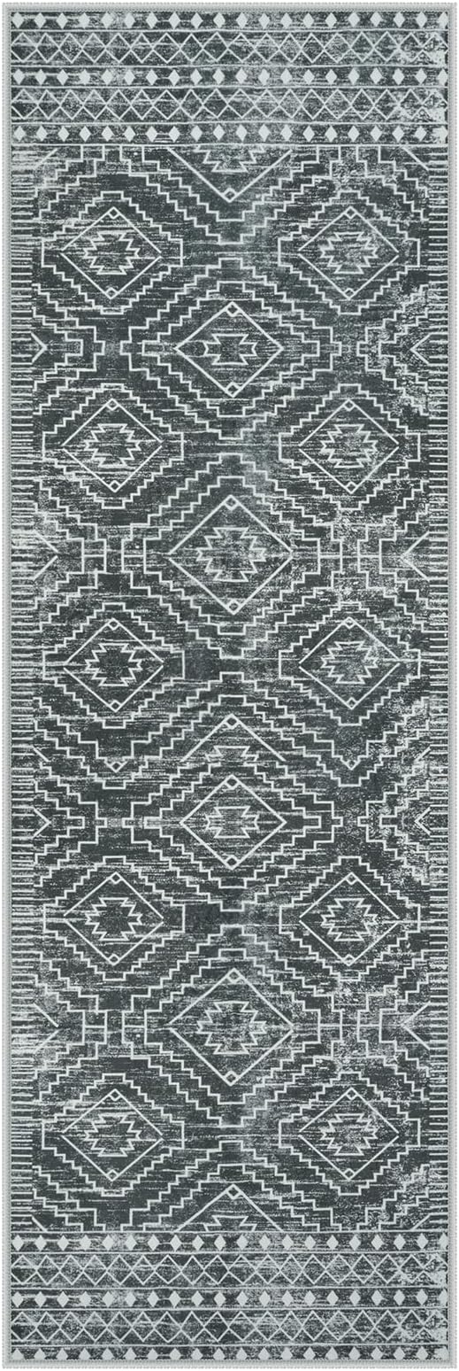 Wonnitar Washable Kitchen Runner Rug 2x6, Moroccan Grey Runners for Hallway, Non Slip Bohemian Soft Bathroom Throw Mat Geometric Carpet Runner for Laundry Entryway Bedroom (Dark Grey,2'x6')