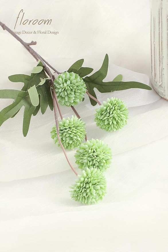 Floroom 6pcs Elf Green Faux Silk Mums Artificial Flowers, Bulk Fake Small Mini Chrysanthemums with Stems for DIY Sage Green Wedding Centerpieces Floral Arrangements Vase Fillers Home Decorations