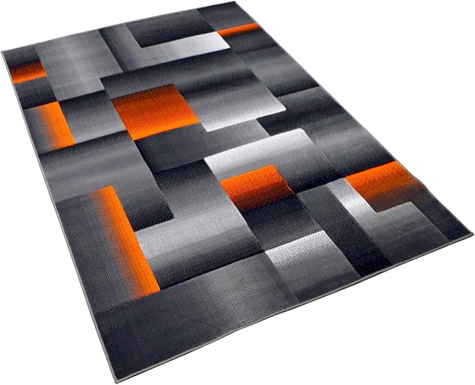 HR 5’ x 7’ Rug in Electric Orange - Premium Quality Orange/Black/Gray Abstract Geometric Modern Squares Pattern Area Rug - Contemporary Styling for Living Room, Bedroom - Unique Home Decor