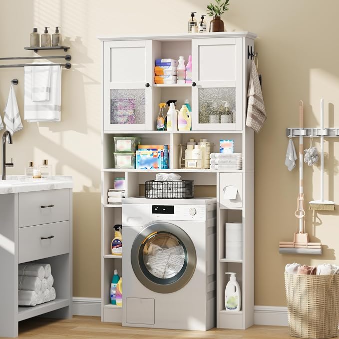 Over The Toilet Storage Cabinet, Bathroom Shelf Over Toilet with Hammered Grain Glass Doors and Adjustable Shelves, Freestanding Home Space Save Toilet Rack for Restroom, Bathroom, Laundry (White)