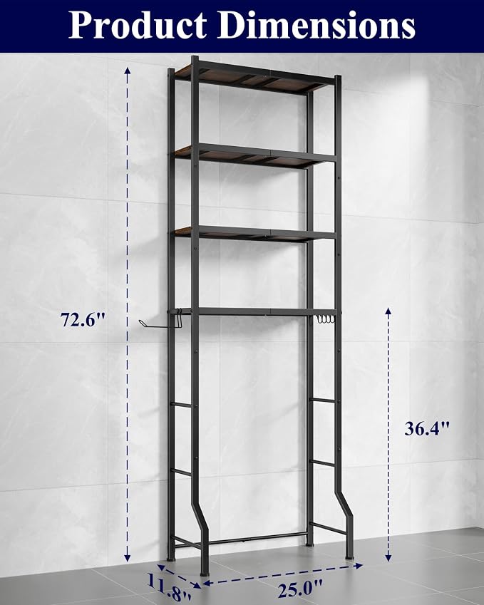 Kitsure Over The Toilet Storage Cabinet, Sturdy Bathroom Organizer, Easy Assembly, 4-Tier Shelf (72.6" H), Space Saving Storage for Small Bathroom, Heavy Duty Metal Frame, Brown & Black