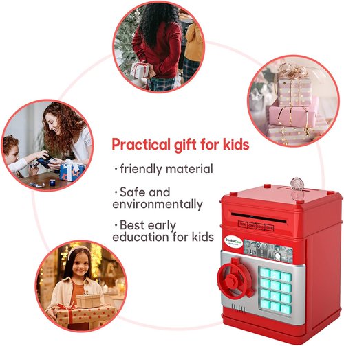 DoubleCare Electronic Piggy Bank - Cute Mini ATM with Password & Music | Red Cash Safe Box for Kids