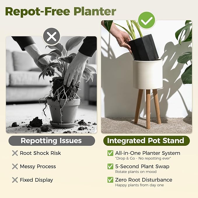 Bamworld Single Plant Holder for Indoor Plants Metal Planter Stand Wooden Leg White Plant Stand Indoor Flower Pot Stand 7in Plant Pot with Stand for Living Room Office Bedroom Decor Modern Home Decor Small