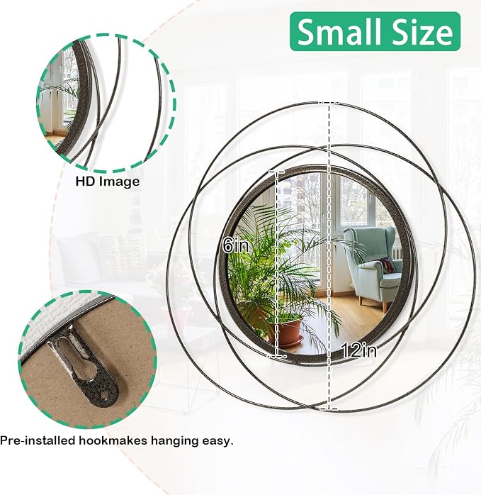 Circle Mirror Wall Decorative Metal Wall Mirror, Art Small Round Wall Home Mirror, Decor Living Room Bedroom Bathroom Entryway 12"