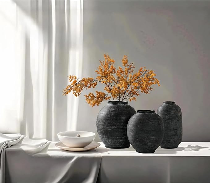 Black Round Ceramic Vase, 9.8 inch Large Textured Flower Vase,Minimalist Rustic Farmhouse Decor for Home, Living Room, Shelf, Table, Bathroom & Entryway Decoration (Black Bronze)