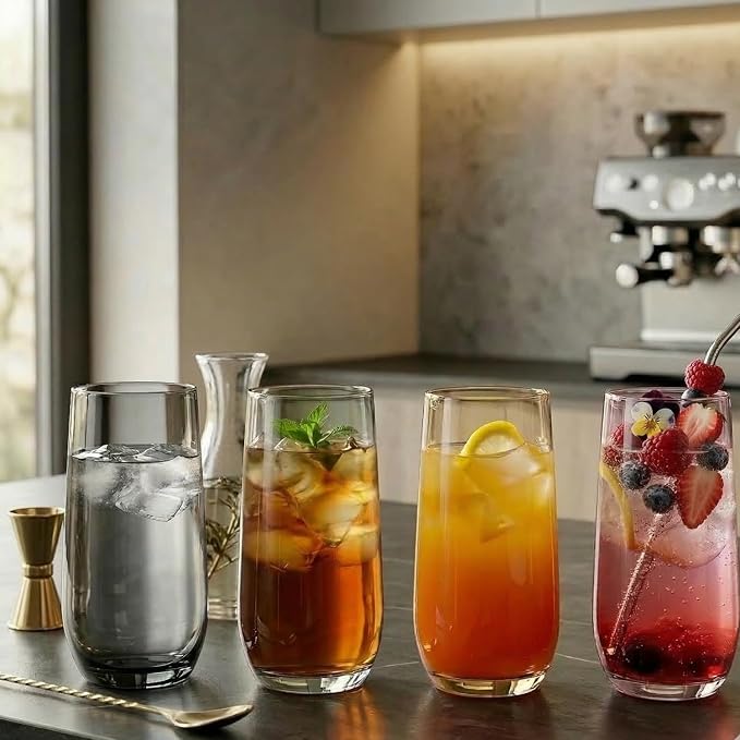 Amber Drinking Glasses Set of 6 | Translucent Yellow Glassware | 16 oz Amber Glass Cups | Highball Drinkware for Cocktails, Long Drink, Mojito, Juice, Soda | Modern Sun-Tinted Drinkware