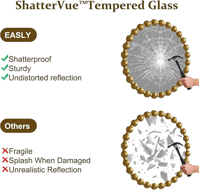 Easly Round Mirror for Wall, 24 Inch Gold Beaded Frame Decorative Vanity Mirror, Circle Bathroom Mirror with High-Definition Lense, Modern Wall Decor for Bathroom, Living Room, Bedroom, Entryway