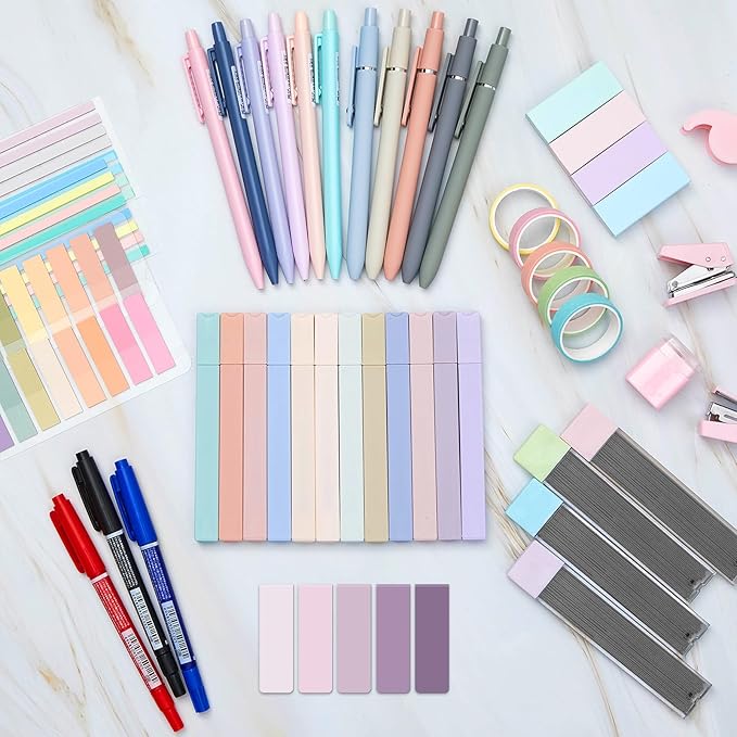 Sinload 60 Pcs Aesthetic Book Annotation Kit School Supplies Cute Pencil Case 12 Highlighter 5 Gel Pen 6 Mechanical Pencil 5 Magnetic Bookmark 1220 Pcs Sticky Note Tab Student Stationary(Purple)