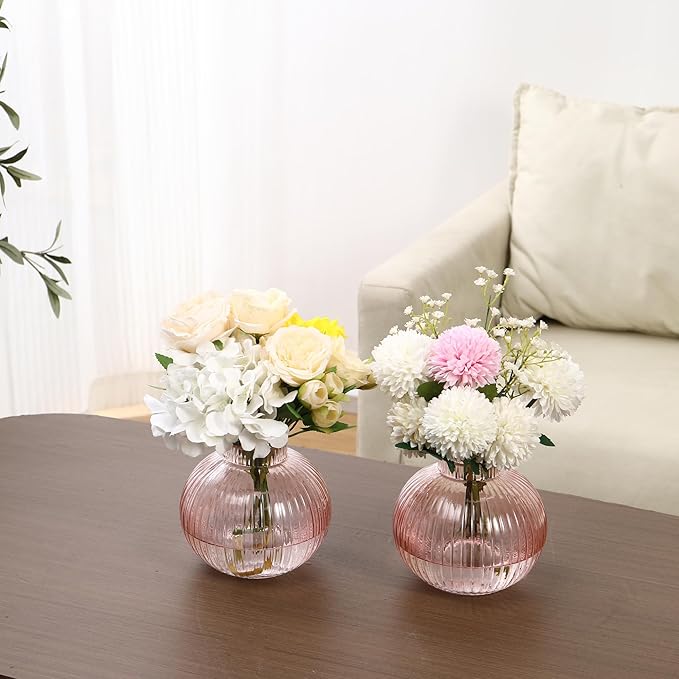 Round Glass Vases, Set of 2 Small Vases for Flowers, Pink Glass Vase for Tulips, Modern Vase for Living Room, Office, Coffee Table, Shelf, Wedding, 5 Inches
